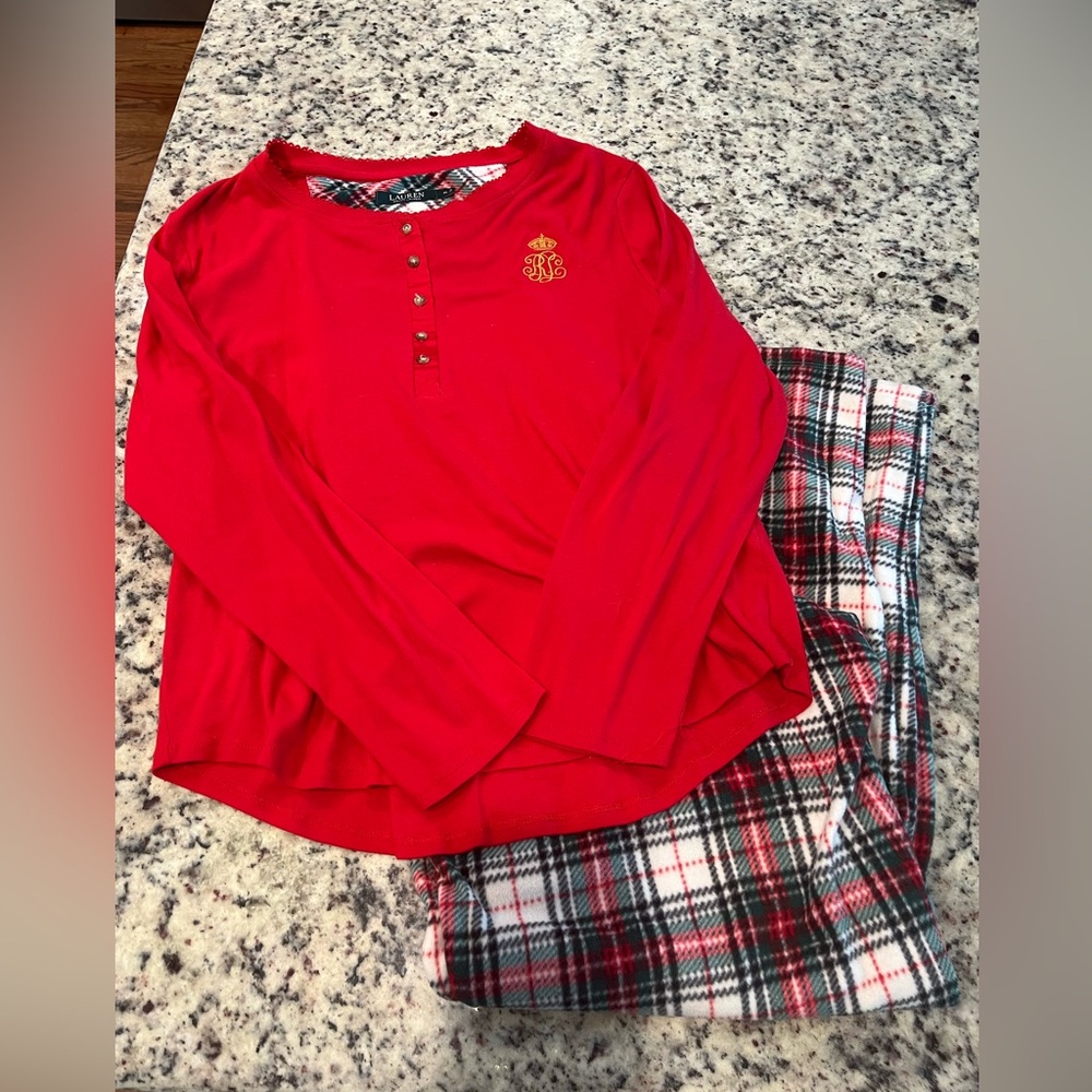 Lauren Ralph Lauren size XL Christmas Pajama set Red and plaid with monogram